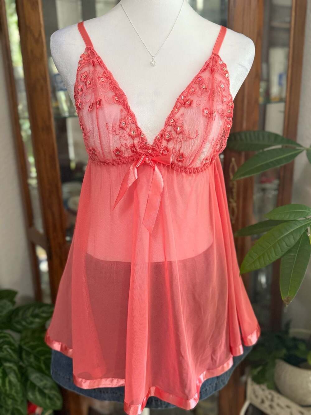 Pink Floral Embroidered Mesh Babydoll Lingerie with Satin Bow